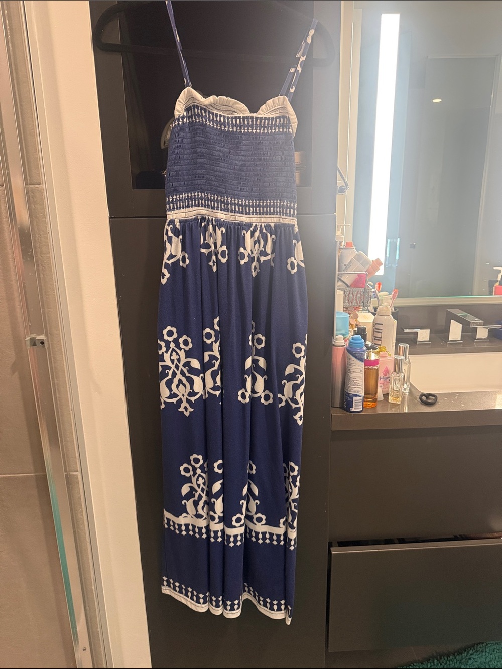 Navy and White Smocked Maxi Dress with Floral Border